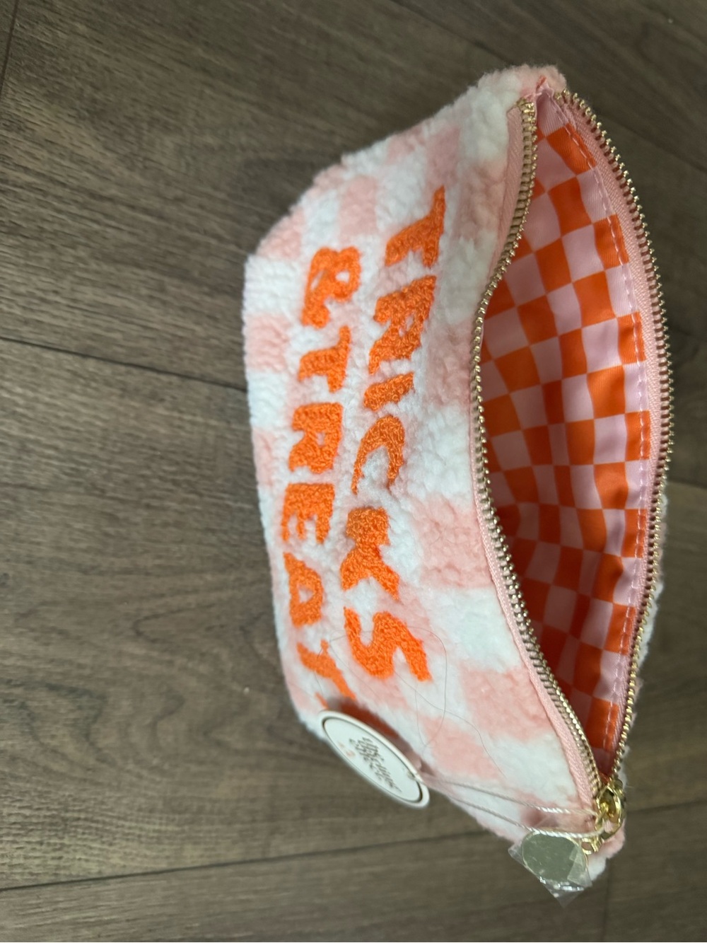 Pink Check Plush Cosmetic Pouch with Orange Lettering - Picture 4 of 5